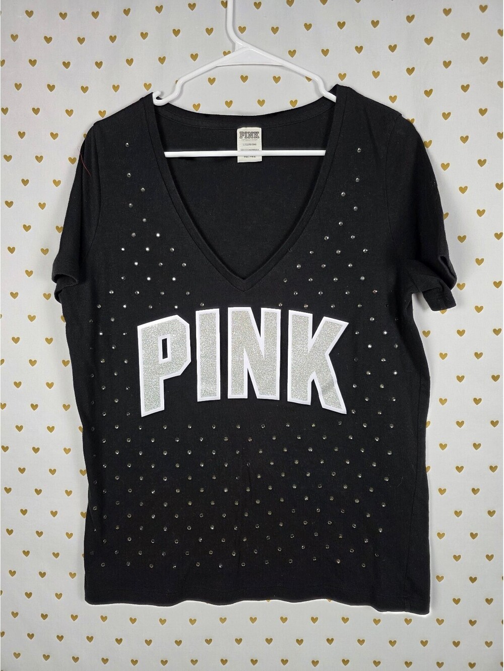 Victorias Secret PINK Bling Rhinestone Studded Logo V Neck Tee Shirt LARGE